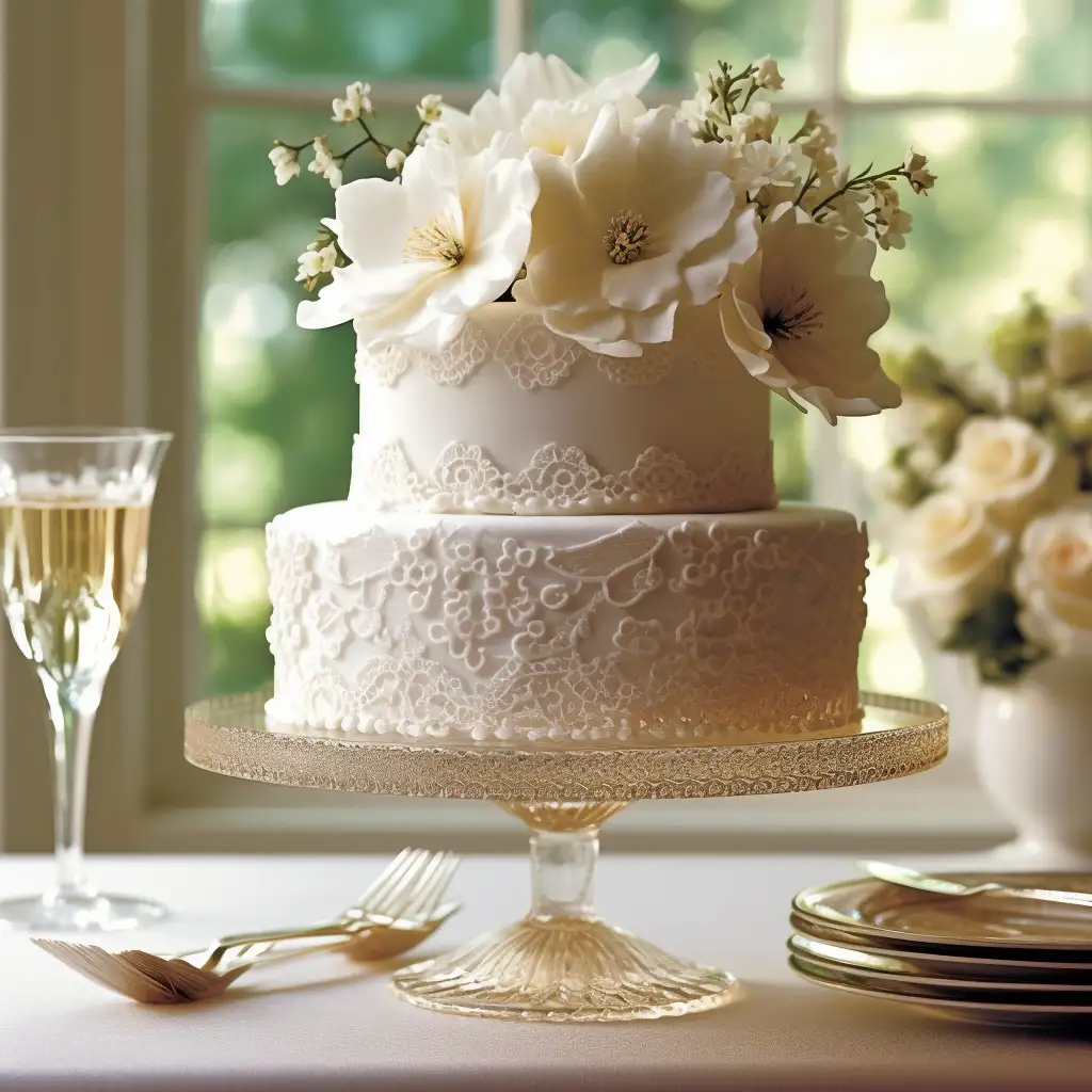 Beautiful wedding cake with floral top and delicate lace detailing