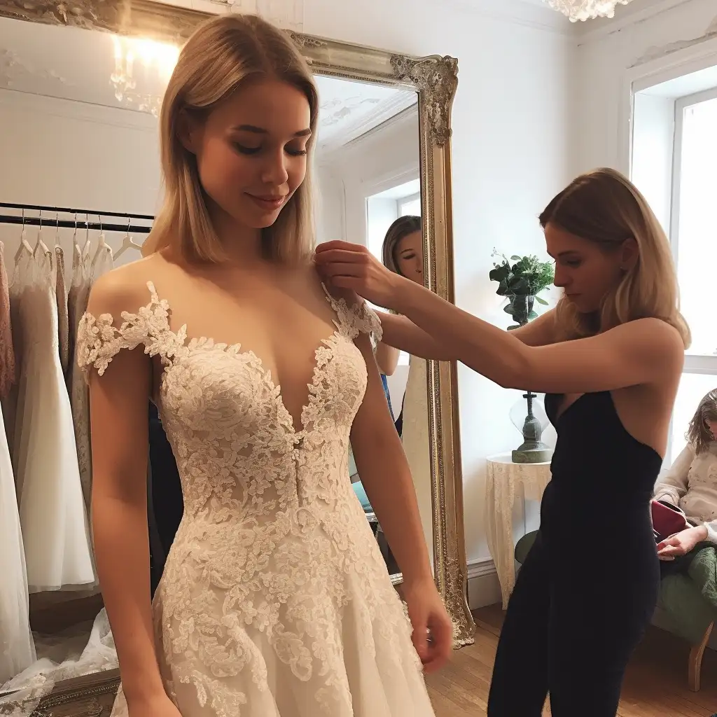 Bride at a fitting for her wedding dress