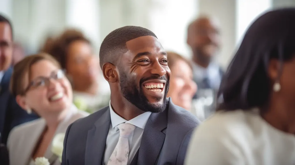 guests laughing at wedding 