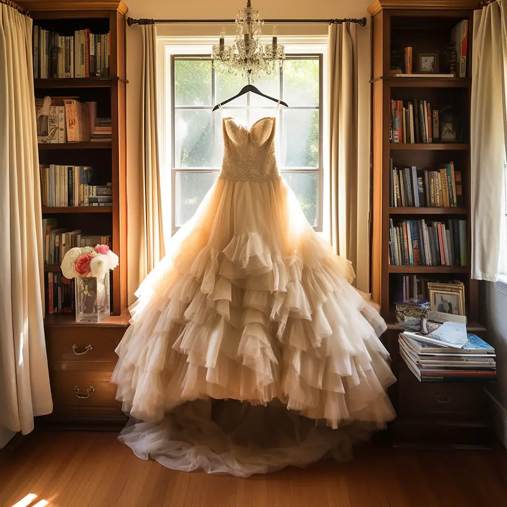 wedding dress hung in a home after the wedding