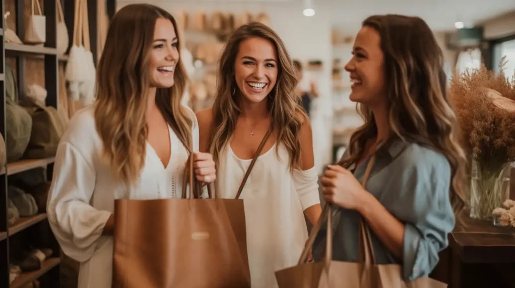 woman and friends in comfortable clothing while shopping for wedding dresses
