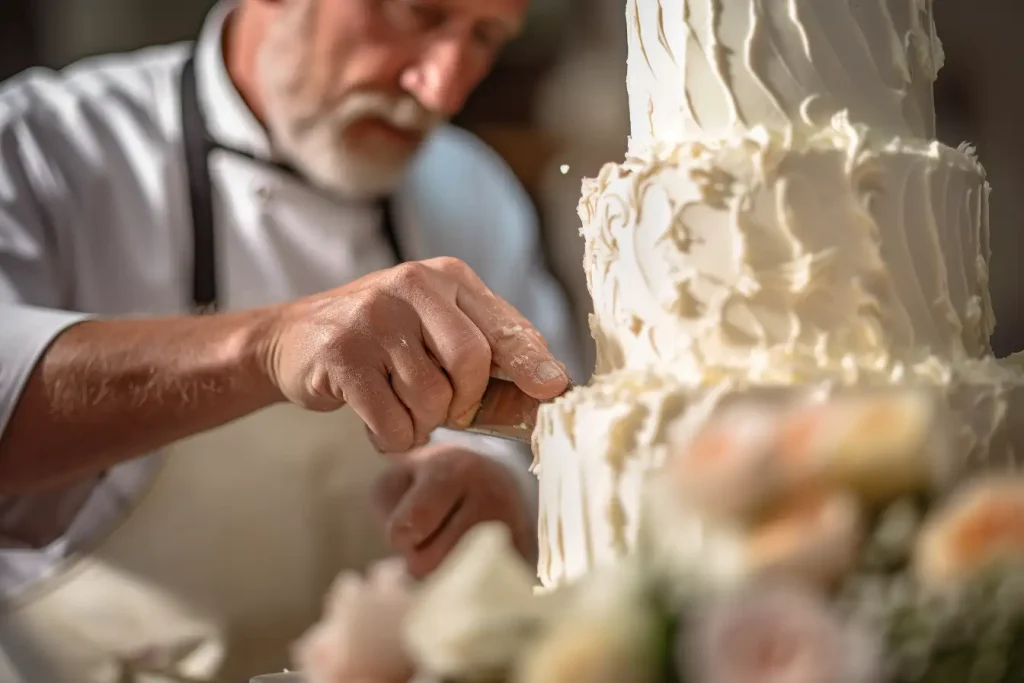 Baker applying frosting to a wedding cake