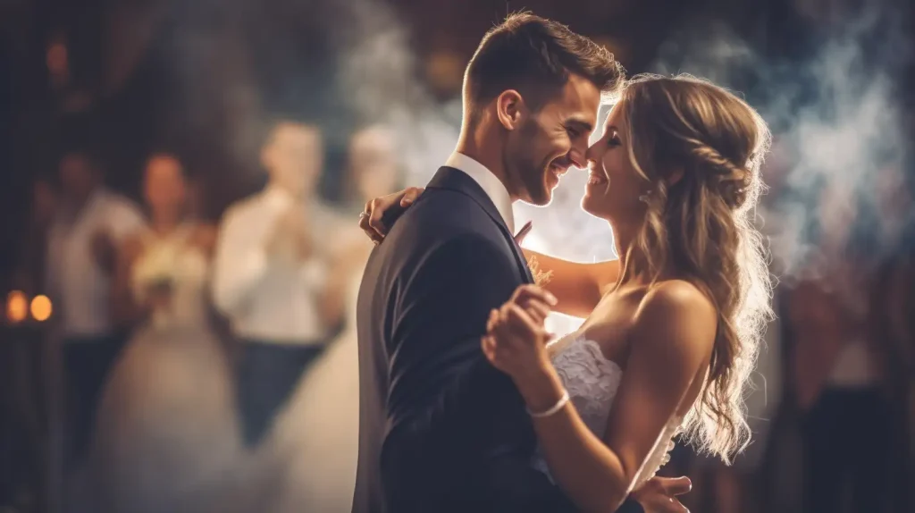 Bride and groom dancing with smoke effects