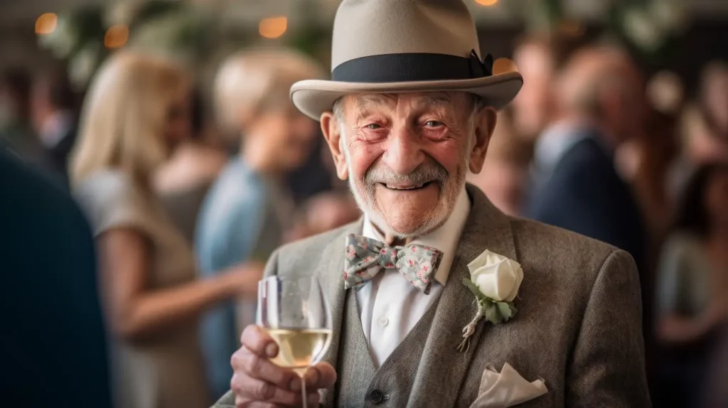 Elderly guest at a wedding enjoying a glass of champagne