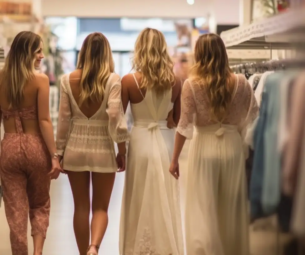 bride and guests shopping for wedding dresses