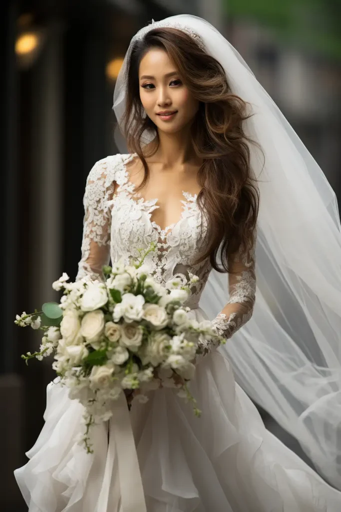 Beautiful bride in intricate wedding dress