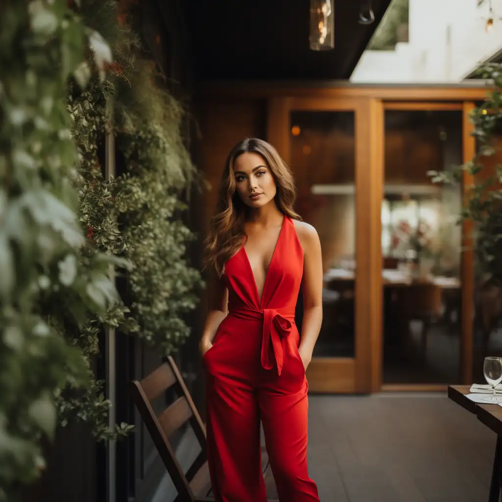 woman wearing a red jumpsuit to a wedding