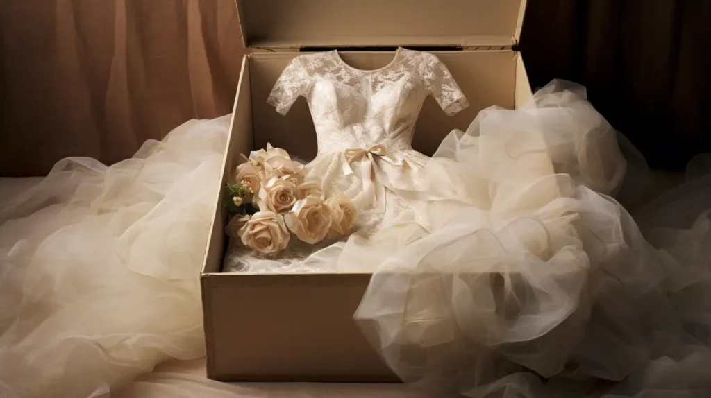 wedding dress in a box ready to ship abroad