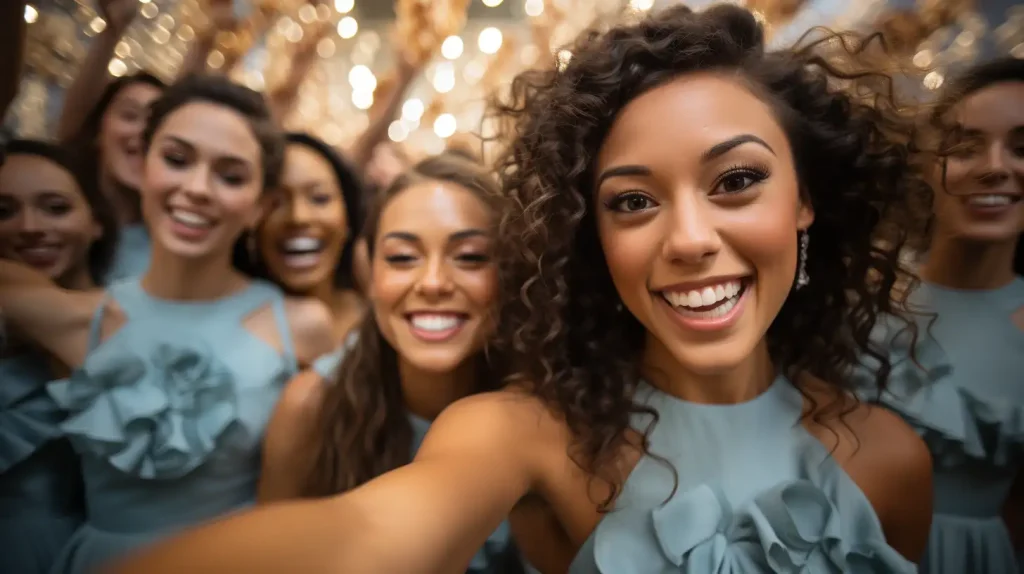 group of bridesmaids taking a selfie to use with Snapchat wedding filter